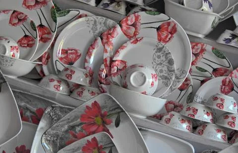 View of  melamine kitchen ware ior dinner ware in shop display Stock Photos