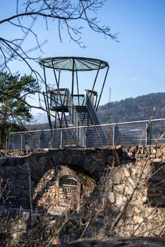 View of the metal observation deck installed on the ruins of the fortress Stock Photos