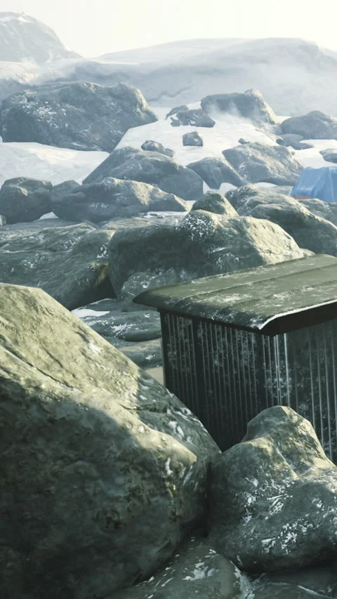 View of a metal structure surrounded by large rocks and snow in a cold area Stock Footage 334166774