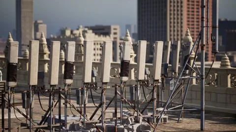 View the metropolis from above with a row of electrical wires Ilustración de archivo