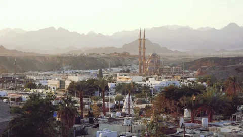 View Of A Middle East City With A Mosque On A Background Of Mountains Stock Footage 217675271