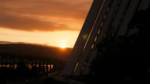 View of midnight sun with Arctic Cathedral silhouette Stock-Footage 113736071