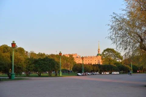 View of the Mikhailovsky Engineering castle from the Champ de Stock Photos