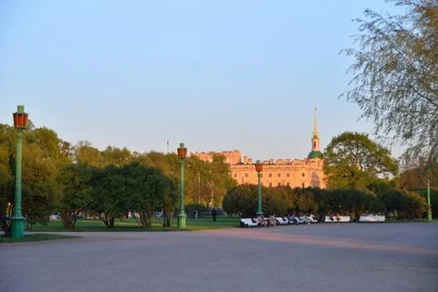 View of the Mikhailovsky (Engineering) castle from the Champ de Stock Photos