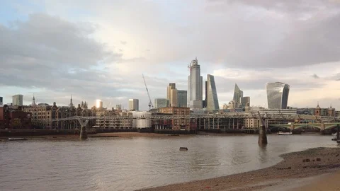 View to Millennium Bridge and Saint Paul's Cathedral from Thames embankment. Stock Footage 113395029