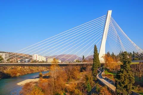 View of Millennium Bridge over Moraca River. Montenegro, Podgorica city Stock Photos