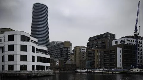 View of Millwall Outer Dock with Arena Tower in the background Stock Photos