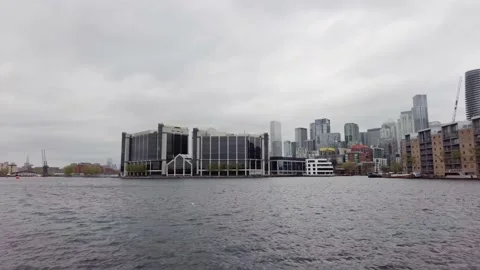 The view of Millwall Outer Dock with Canary Wharf in the Background Stock Footage 153966082