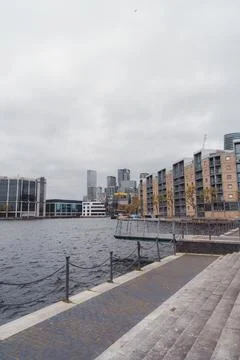 The view of Millwall Outer Dock with Canary Wharf in the Background Stock Photos