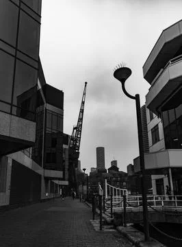 View of Millwall Outer Dock with loading and unloading cranes Stock Photos