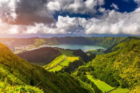 View from Miradouro da Boca do Inferno to Sete Citades, Azores, Portugal. A p Stock Photos