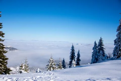 View to the mist from the top of the mountain Stock Photos