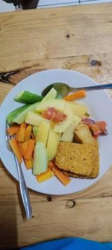 View of mixed boiled vegetables served with sauce Stock Photos