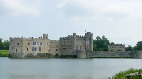 View of a moated medieval castle Stock Footage 64766922