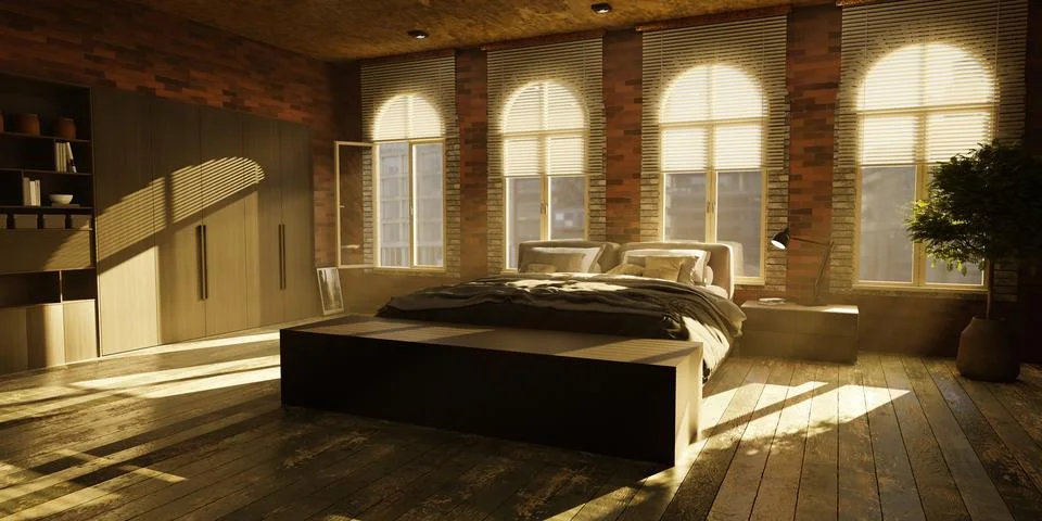 View from a modern bedroom over the rooftops of a city - 3d illustration Stock Illustration