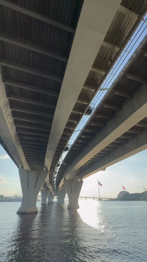 A view of a modern bridge from below, showcasing its structural design and .. Stock Footage 317828915