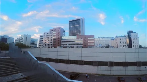 View of modern buildings in evening timelapse Stock Footage 79812947