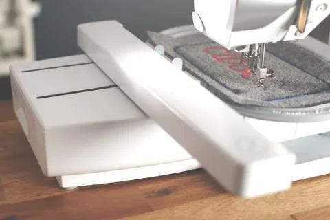 View on a modern computerised sewing machine and embroidery unit Stock Photos