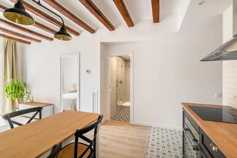 View from the modern dining kitchen with a loft interior and cozy furniture with 스톡 사진