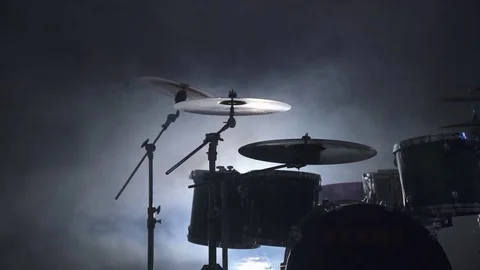 View of modern drum kit in smoky studio Video stock 70289882