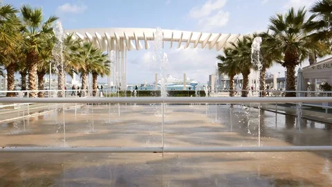 View of a modern fountain, square with multiple sprays Stock Footage 106342608