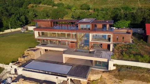 View of modern hi-tech building nordic sunny drone footage aerial Stock Footage 77323136