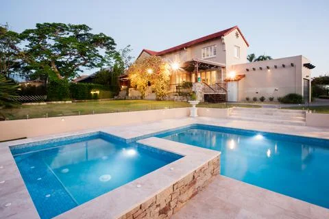 View of a modern hotel from the pool side Stock Photos