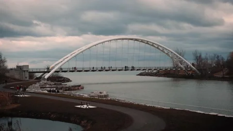 View of the modern Humber Bay arch Bridge Stock Footage 147409275