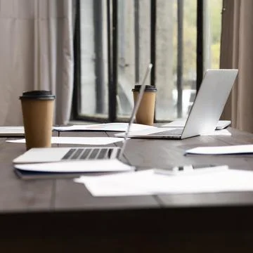 View modern laptops office Stock Photos