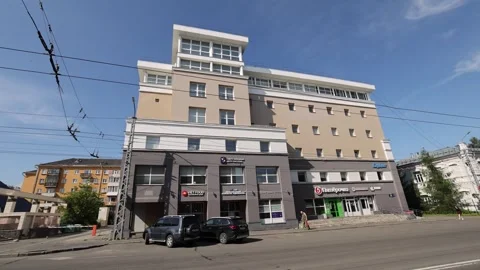 View of a modern mixed-use building in Petrozavodsk, Russia. Video stock 344421232