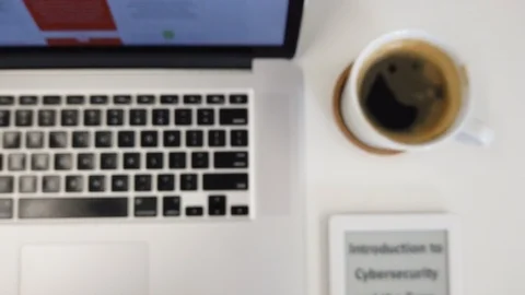 View of modern office place with computer and coffee Stock Footage 122556160