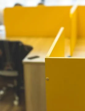 View of modern office space interior with desks in yellow tones with workers, Stock Photos