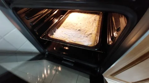 View into Modern Oven of Baking Cake with Crumble Topping on Tray Stock Footage 333642459