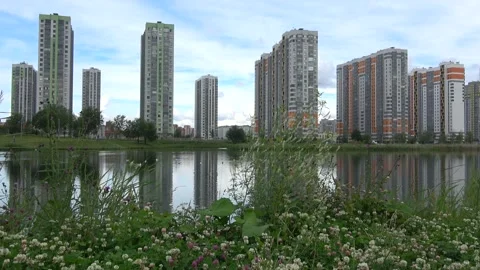 View of the modern residential complex "Sofia". Kupchino, Saint Petersburg Stock Footage 154227952
