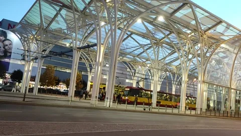 View of modern tram stop. Piotrkowska Centrum tram station. Lodz, Poland Stock Footage 219931288