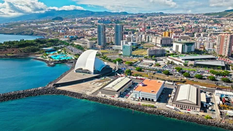 View of a modern white building,opera concert house in Santa Cruz, Tenerife. Stock Footage 259331850