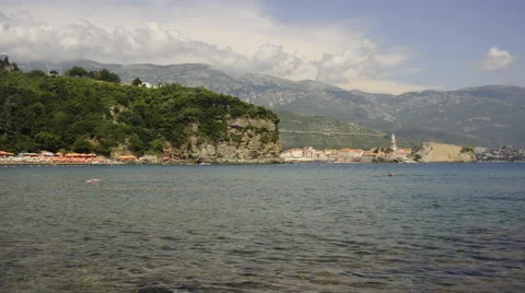 View on Mogren beach and old town, Budva, Montenegro, timelapse Stock Footage 44741199