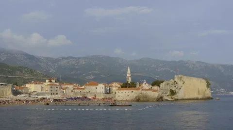 View on Mogren beach and old town, Budva, Montenegro, timelapse Stock Footage 48832564