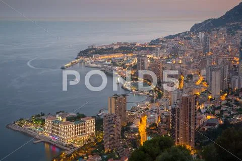 View of Monaco from above at dusk, Monaco, Mediterranean, Europe Stock Photos