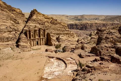 View on The Monastery (Ad Deir) in Petra, Jordan. Stock Photos