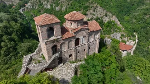 View of a monastery and fortress. Orthodox church Greek, Bulgarian or Romanian Stock Footage 248758882