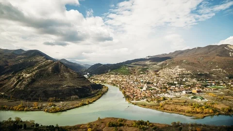 View From Monastery Jvari On Old Town Mtskheta And Confluence Of The Rivers Kura Stock Footage 105124574
