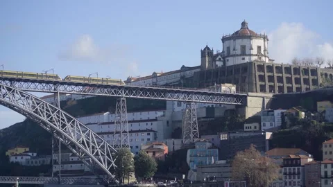 View of the Monastery of Serra do Pilar overlooking the bridge. Stock Footage 327624541