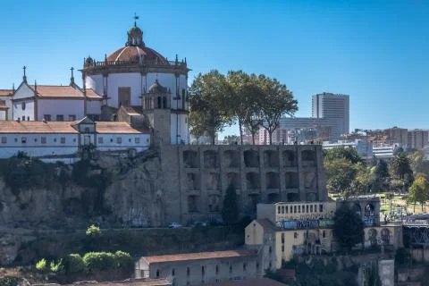 View at the Monastery of Serra do Pilar and belvedere with people and big tre Stock Photos