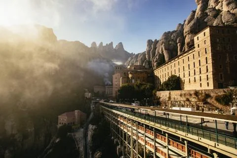 View of the Monserrat Monastery with wispy clouds Stock Photos