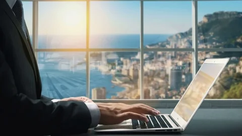 View of Monte Carlo Monaco .Close up hand Businessman using laptop Stock Footage 85055612