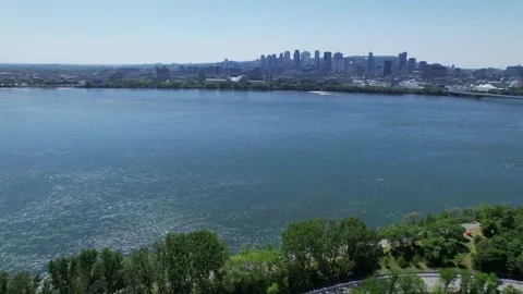 View on Montréal from Formula 1 circuit on Notre Dame Island Stock Footage 248501971