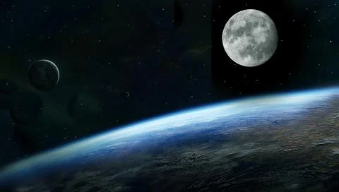 View of the Moon and Earth together with other celestial bodies in space Stock Illustration