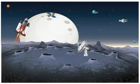 View from moon surface with other spaceship Illustrazione stock
