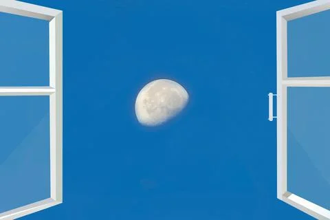 View of moon through open window. Sky panorama. View of moon in blue sky. Pan Stock Photos